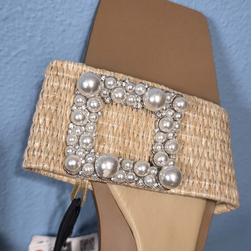 Zara Tan Woven Slide Sandals with Pearl & Crystal Buckle - Picture 2 of 6